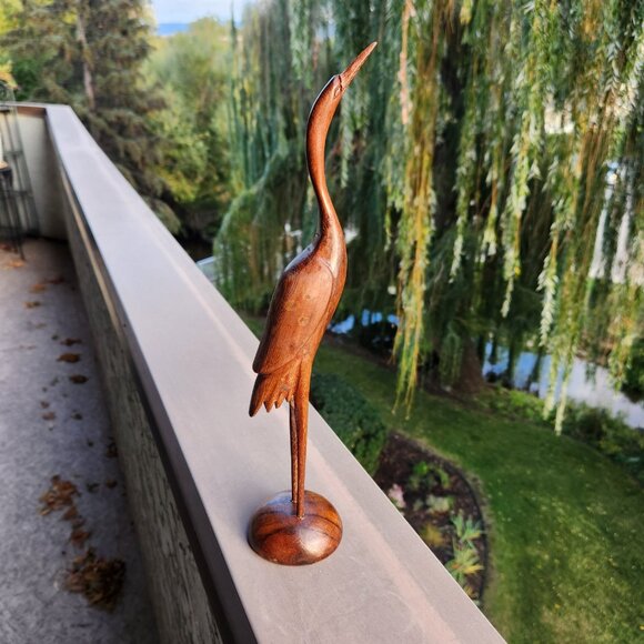 Hand-Carved Wooden Crane Sculpture – 13" Tall Elegant Bird Figurine - Picture 1 of 11
